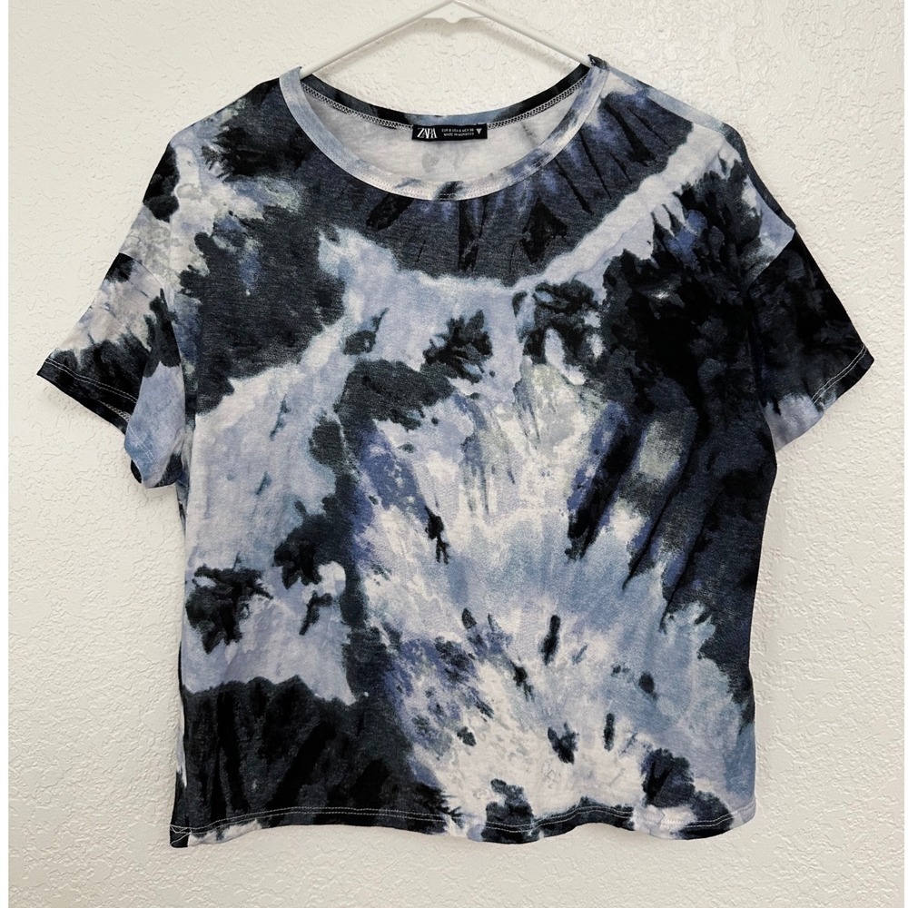 Zara Womens Blue Black Tie Dye Short Sleeve Crew Neck T-Shirt Size Small